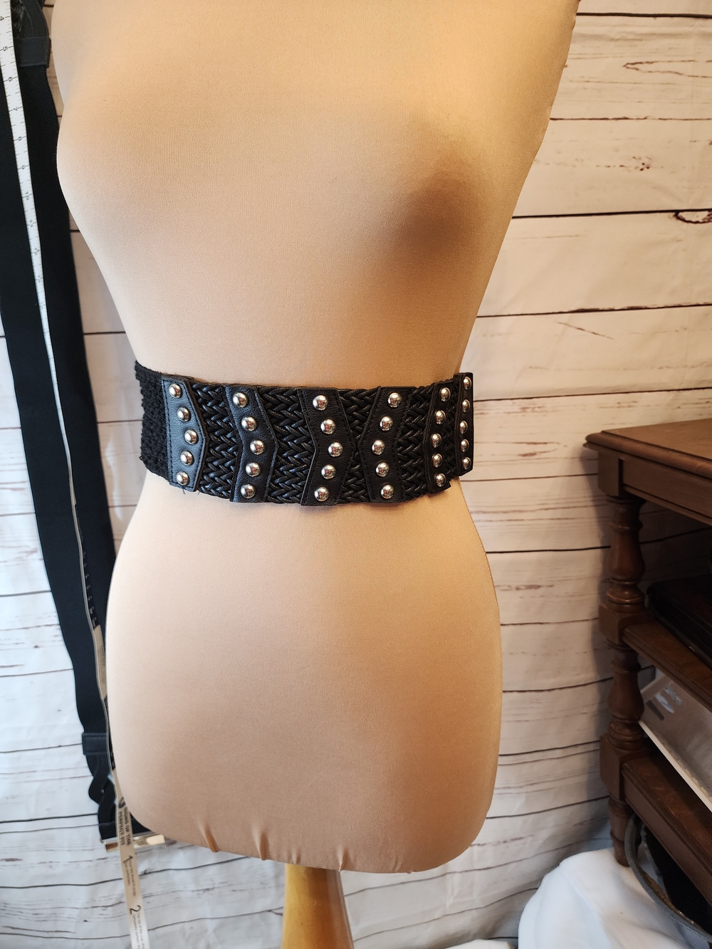 Black Studded Braided Elastic Waist Belt